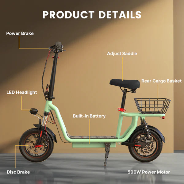 iScooter i12 500W Electric Scooter With Seat & Carry Basket
