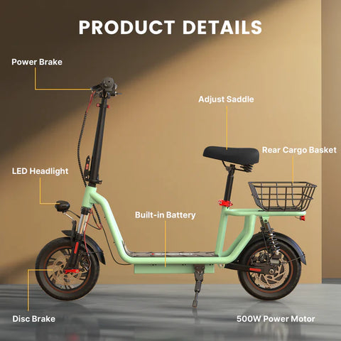 iScooter i12 500W Electric Scooter With Seat & Carry Basket