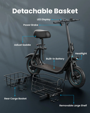 Gyroor C1S Electric Scooter 800W – Front & Rear Baskets