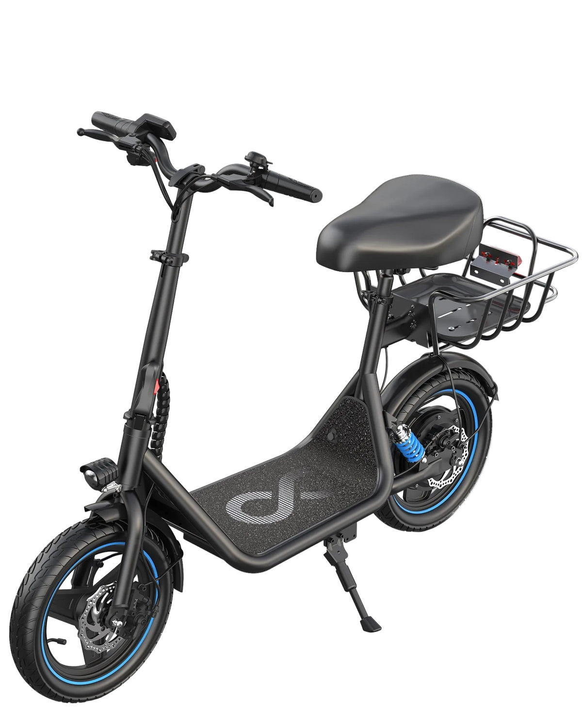 Black electric bike with digital display on a white background
