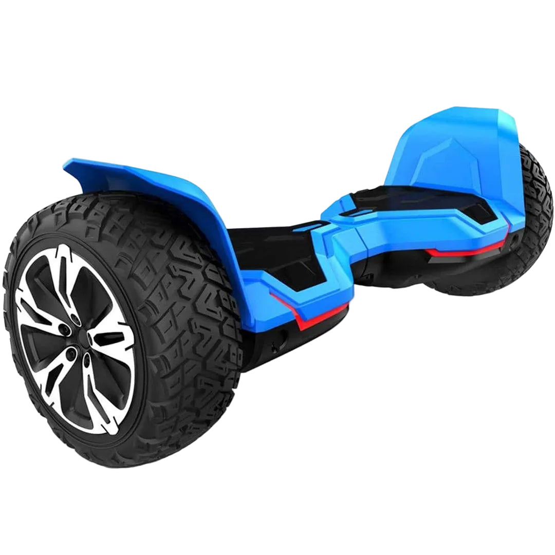 Blue hoverboard with large black wheels on a white background